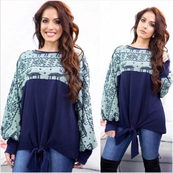 New Fair Isle Holiday Tie Front Top - Picture 2 of 7